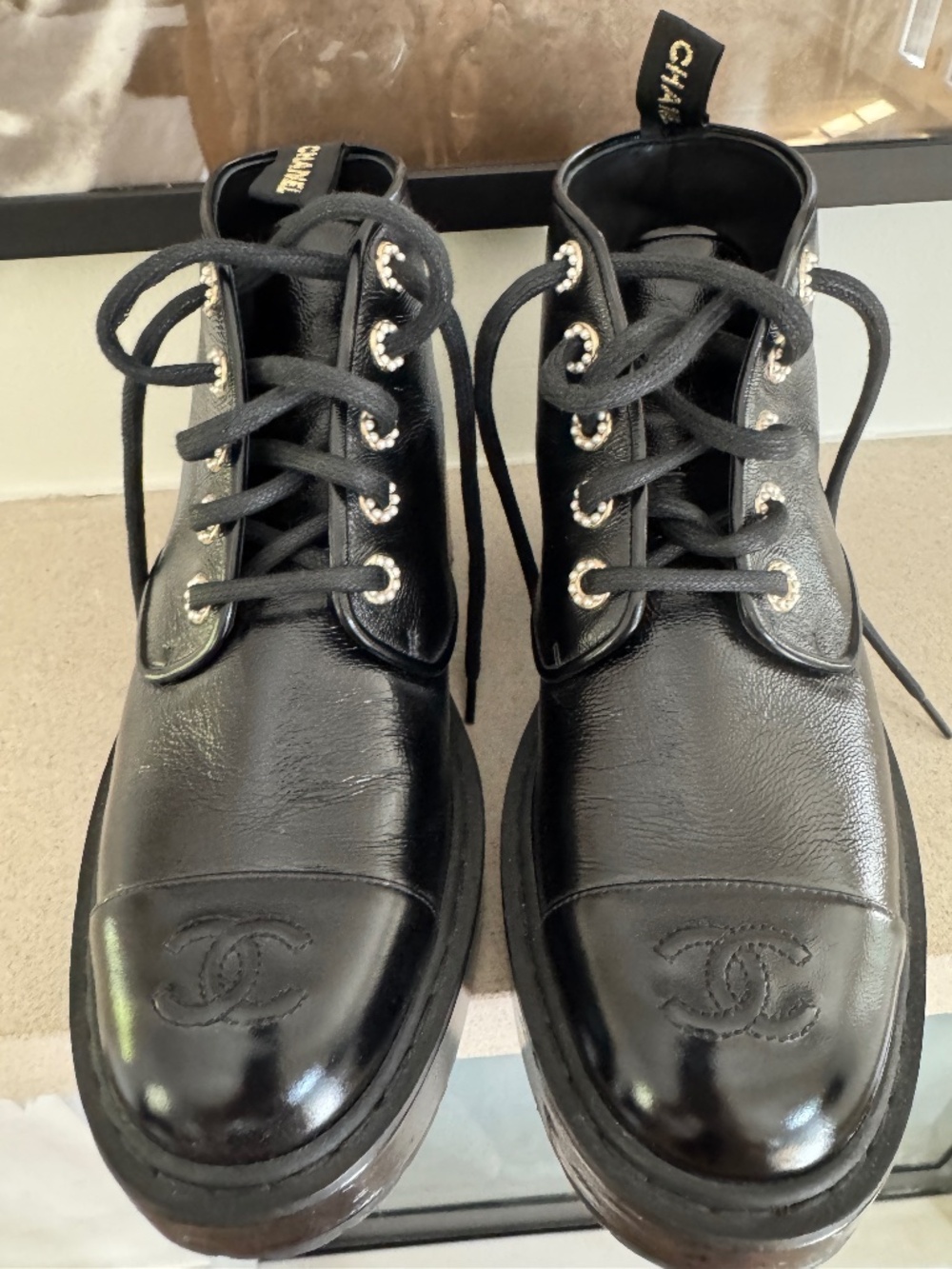 Chanel Leather Ankle Boots with pearl detail